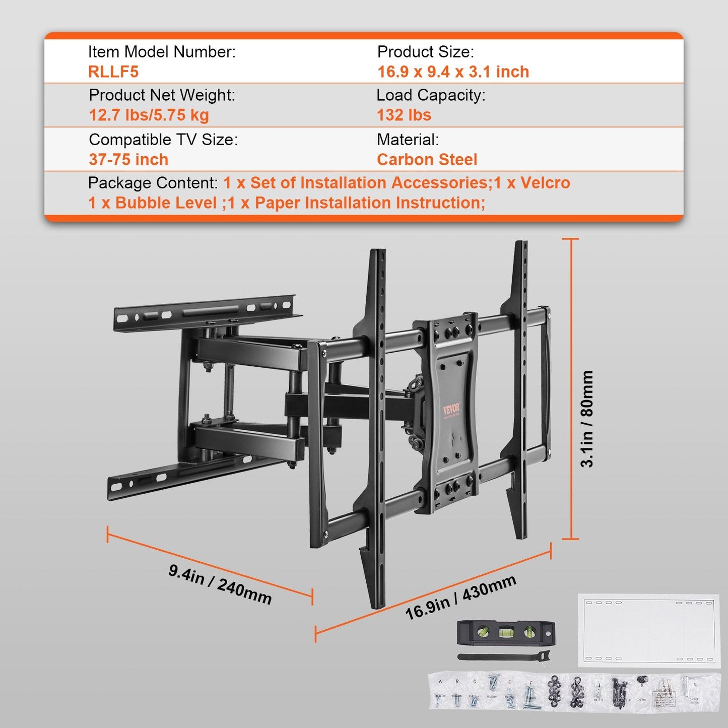 Full Motion TV Wall Mount, Fits 37-75 m TVs, Swivel Tilt, 60 kg Capacity