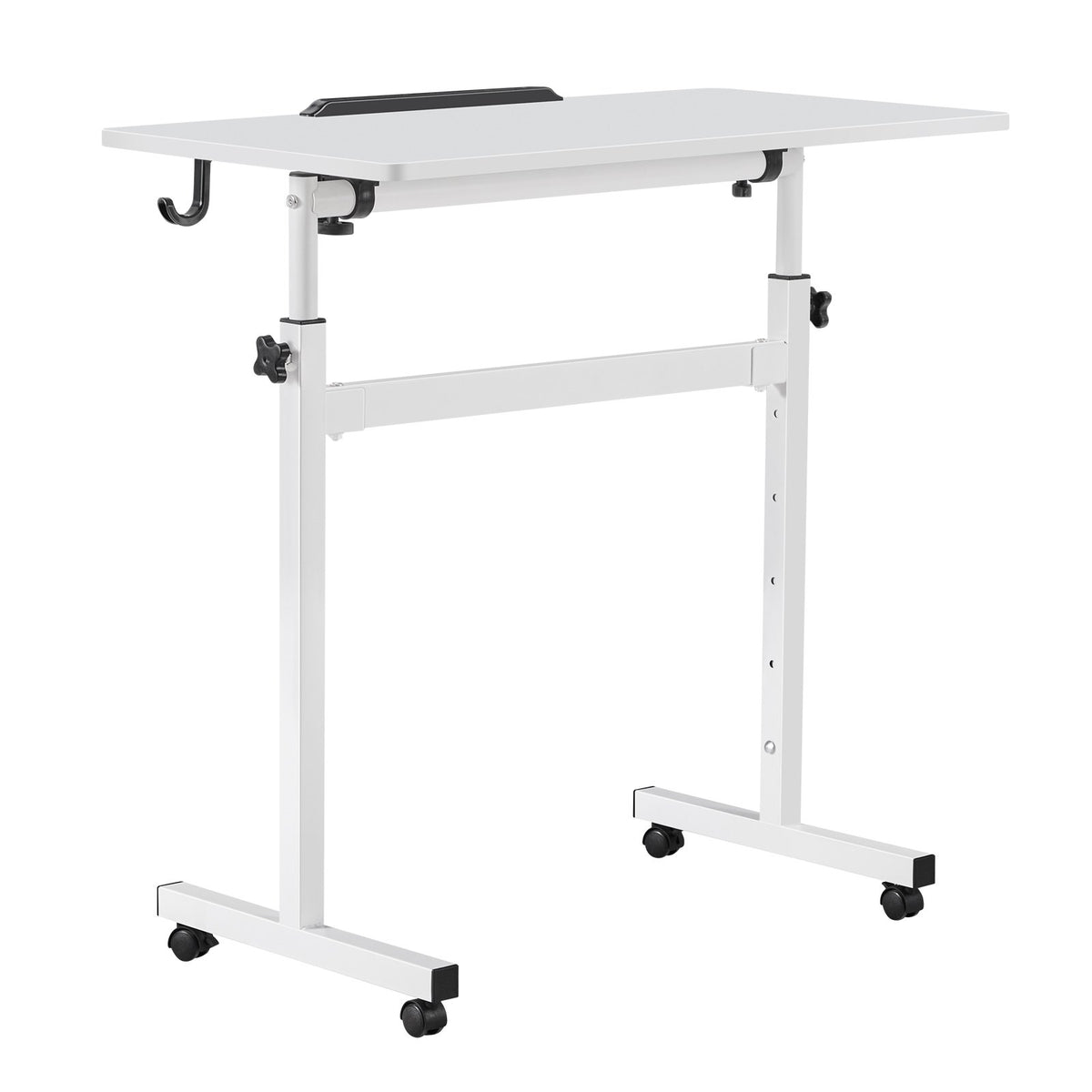 Standing Desk, Adjustable Height Mobile Stand Up Desk 360° Tilting Desktop, 810 x 410 mm Small Computer Sit Stand Rolling Workstation w/ Hook, Lockable Casters, 25 kg Capacity for Home Office