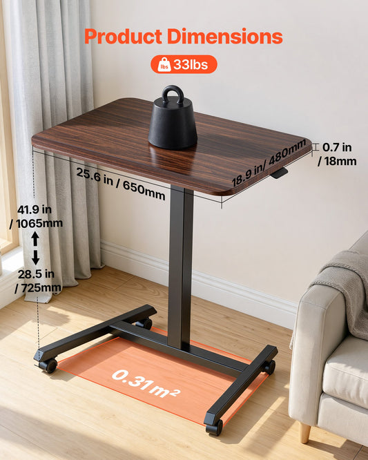 Standing Desk, Adjustable Height Mobile Stand Up Desk with 4 Casters, 650 x 480 mm Small Computer Sit Stand Rolling Workstation with Hook, 15 kg Desktop Capacity, Ideal for Home Office, Brown