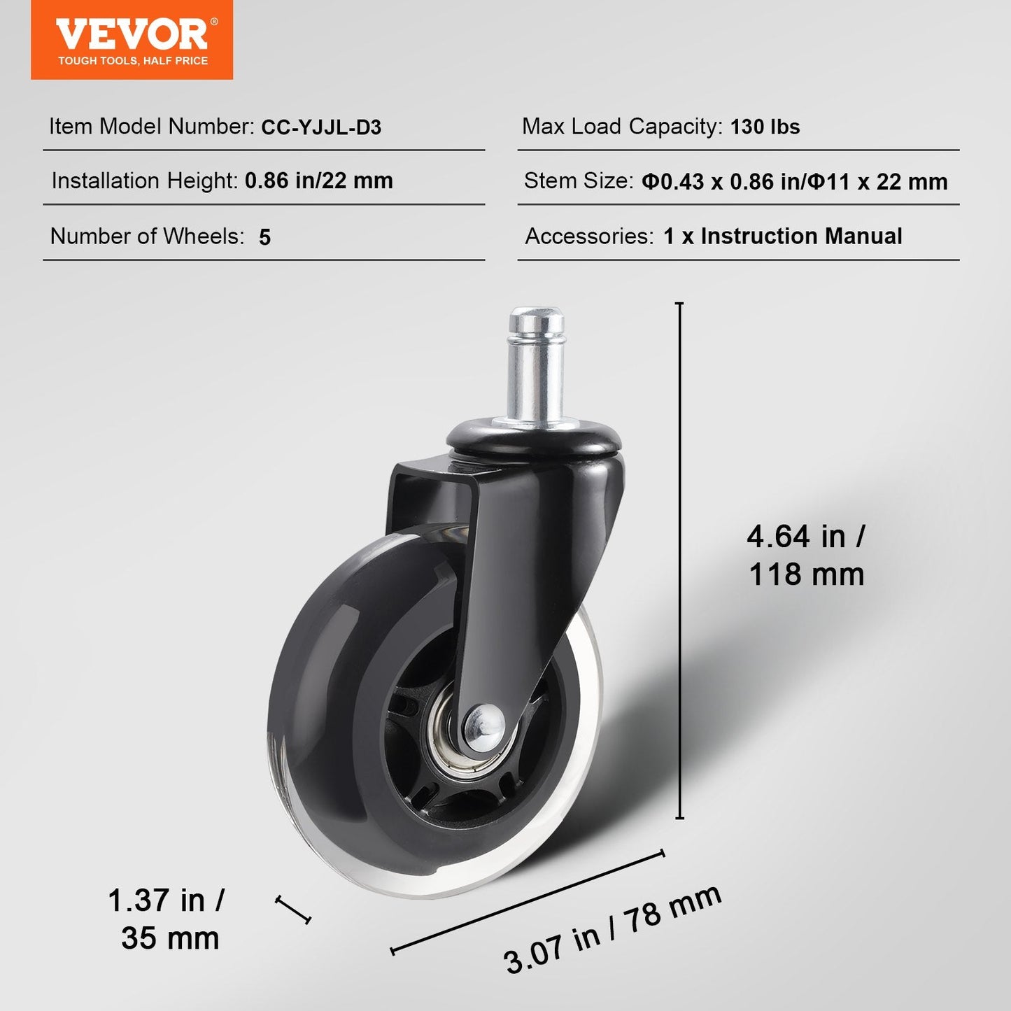 Heavy Duty Office Chair Caster Wheels, Set of 5, 76 mm, 59 kg Capacity