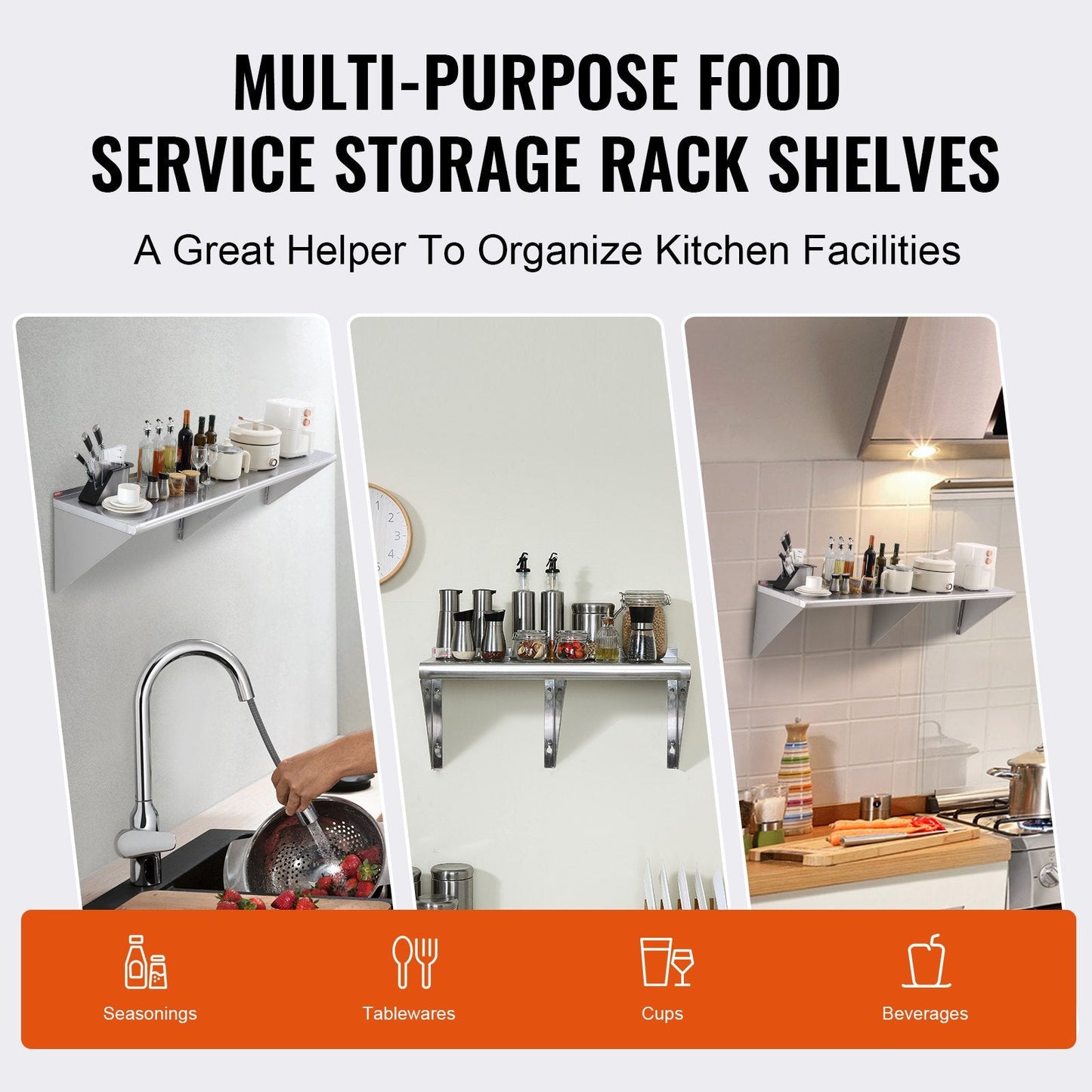 Stainless Steel Wall Shelf 0.45m x 1.83m, 226kg Capacity, for Kitchen & Restaurant Use