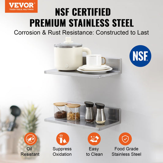 VEVOR 8.6" x 16" Stainless Steel Shelf, Wall Mounted Floating Shelving with Backsplash,