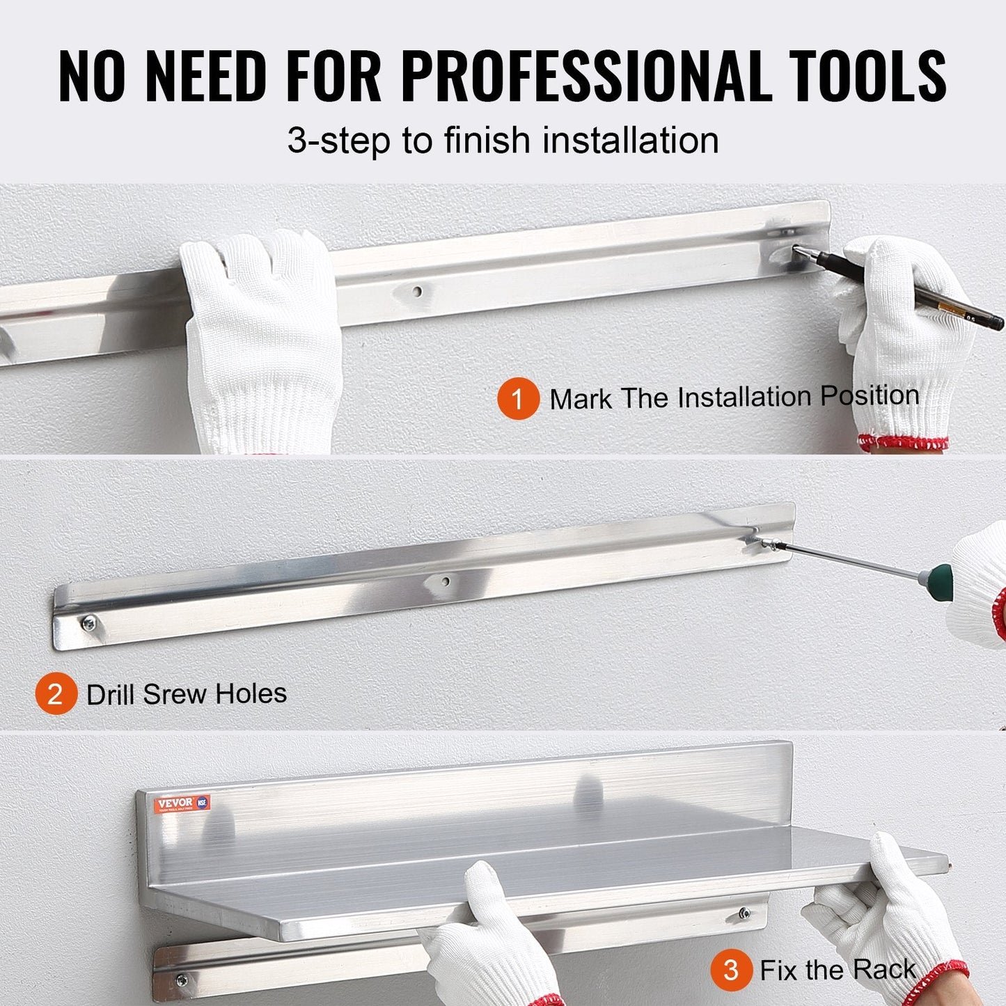 Stainless Steel Wall Shelf with Backsplash, 20 kg Capacity, Set of 2