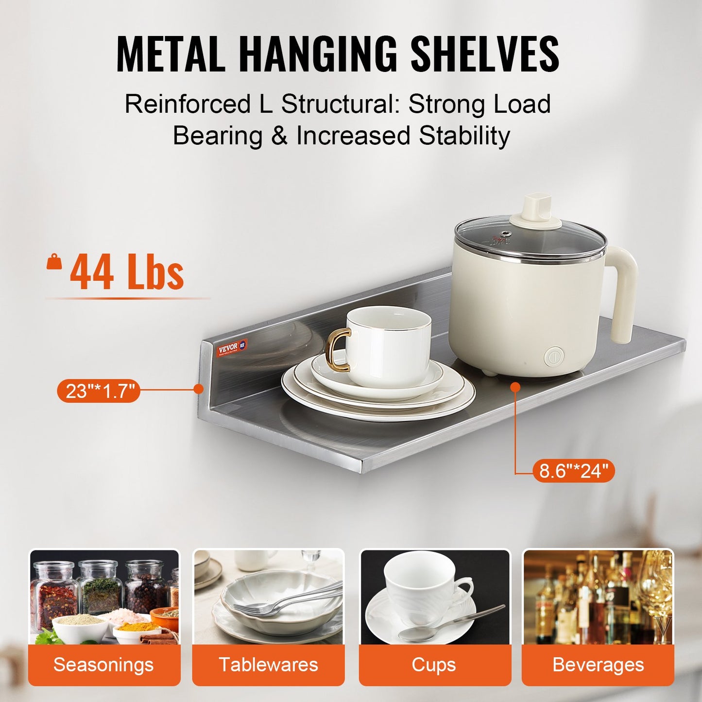 VEVOR 8.6" x 24" Stainless Steel Shelf, Wall Mounted Floating Shelving with Backsplash,