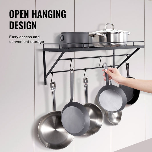 Wall-Mounted Pot and Pan Rack with 12 Hooks, 24 kg Capacity, Carbon Steel