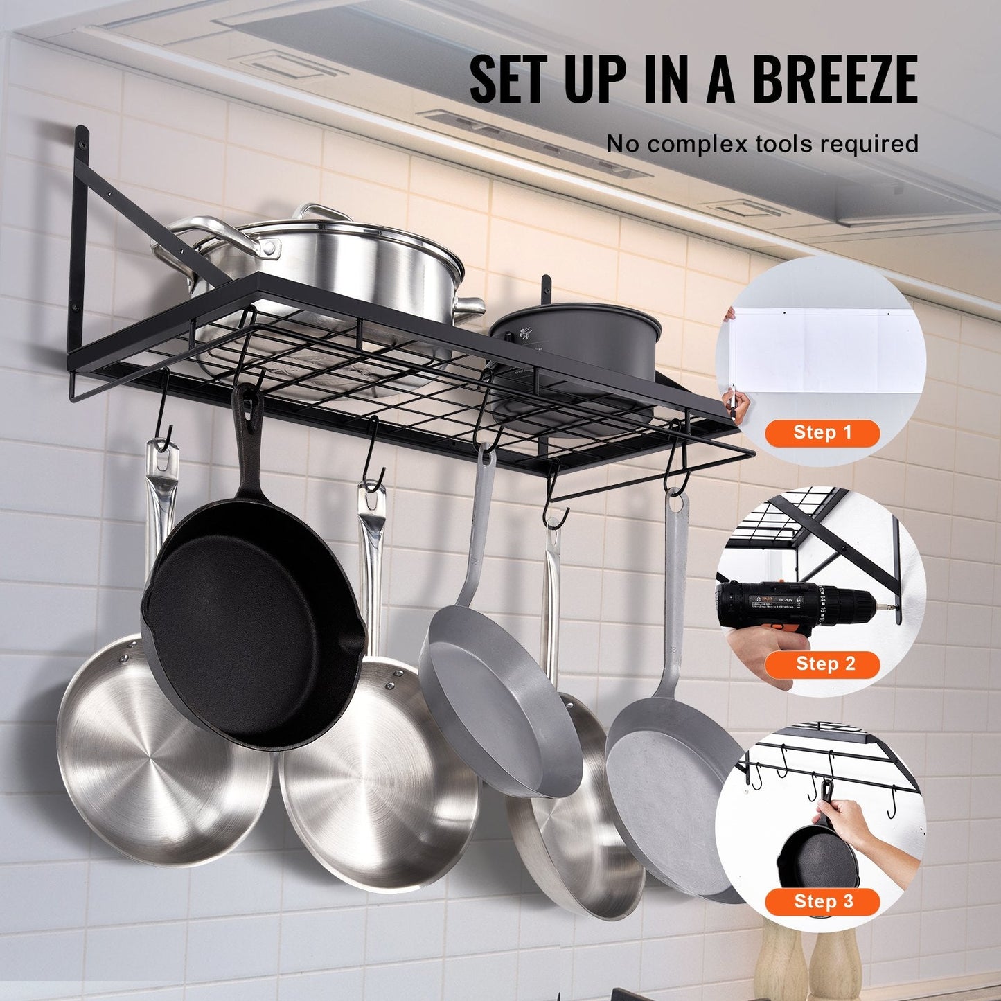 Wall-Mounted Pot and Pan Rack with 12 Hooks, 24 kg Capacity, Carbon Steel