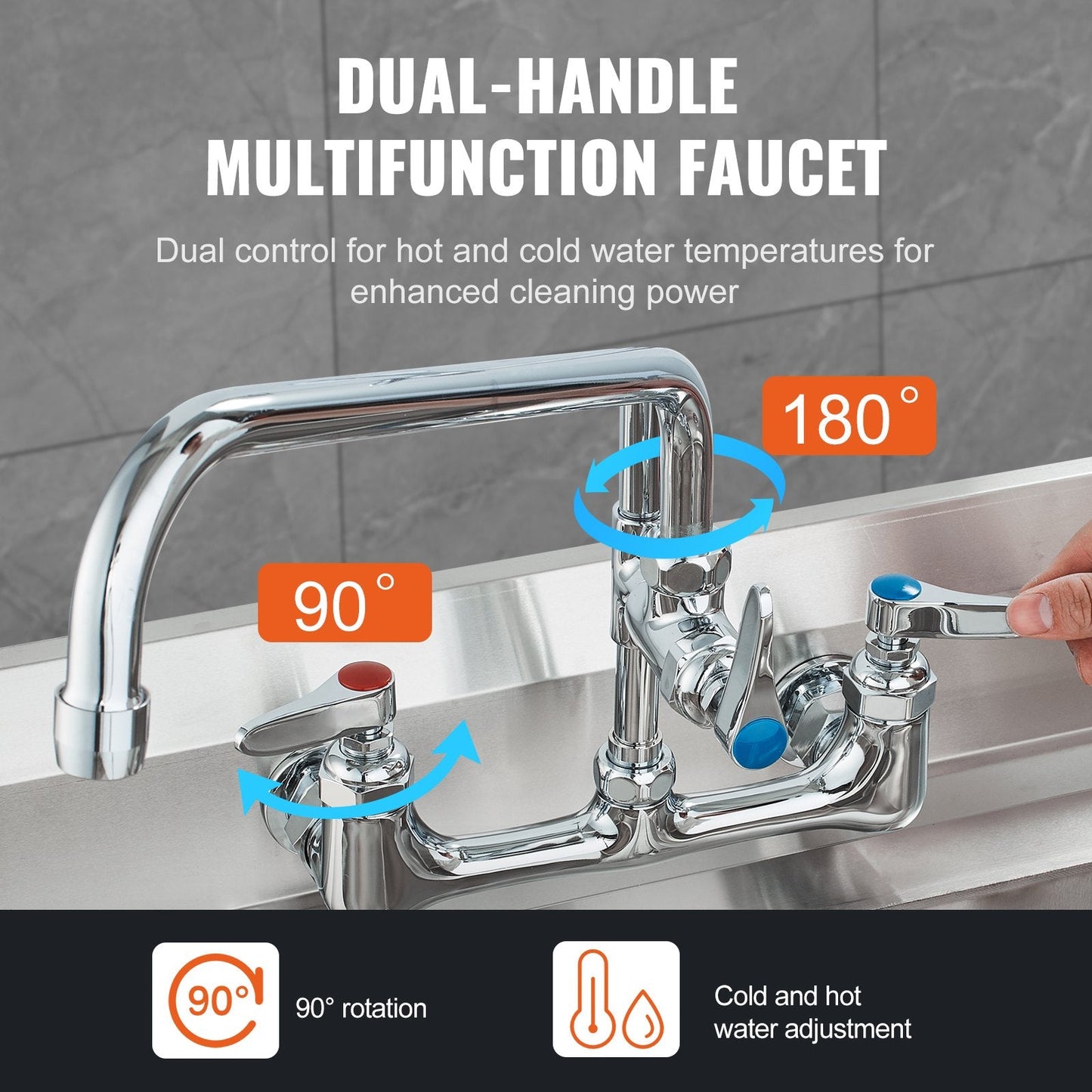 Commercial Wall-Mount Kitchen Faucet with Pre-Rinse Sprayer, 1.1m Height, Brass
