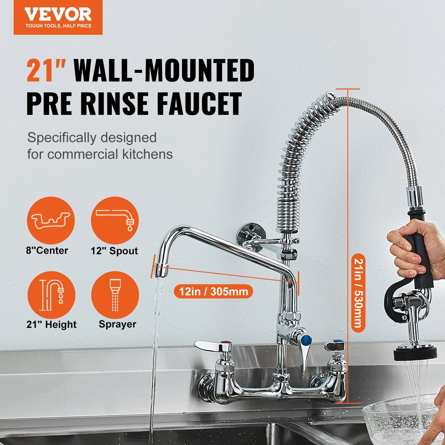 Commercial Wall Mount Kitchen Faucet with Pre-Rinse Sprayer, 0.53m Height