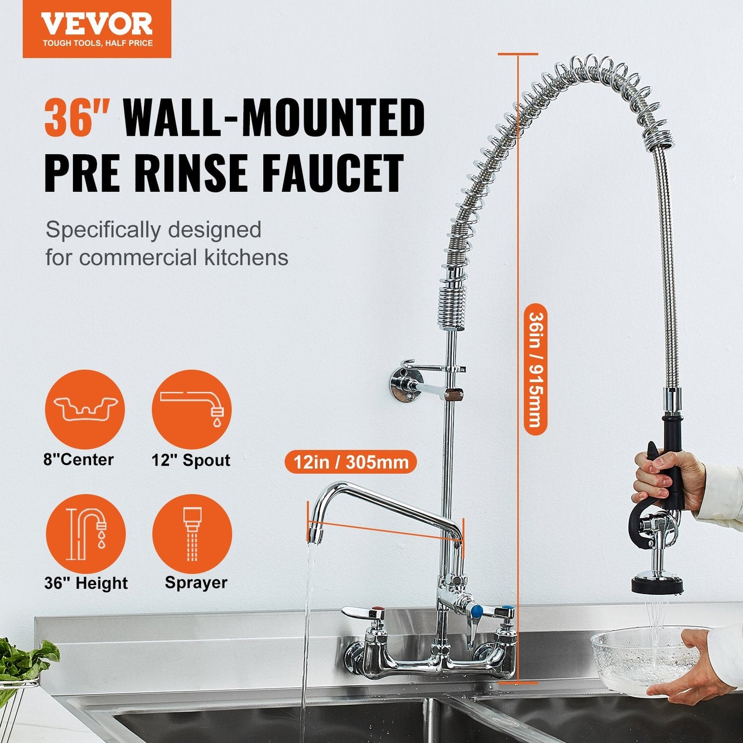 Commercial Wall Mount Kitchen Faucet with Pre-Rinse Sprayer, 0.91m Height