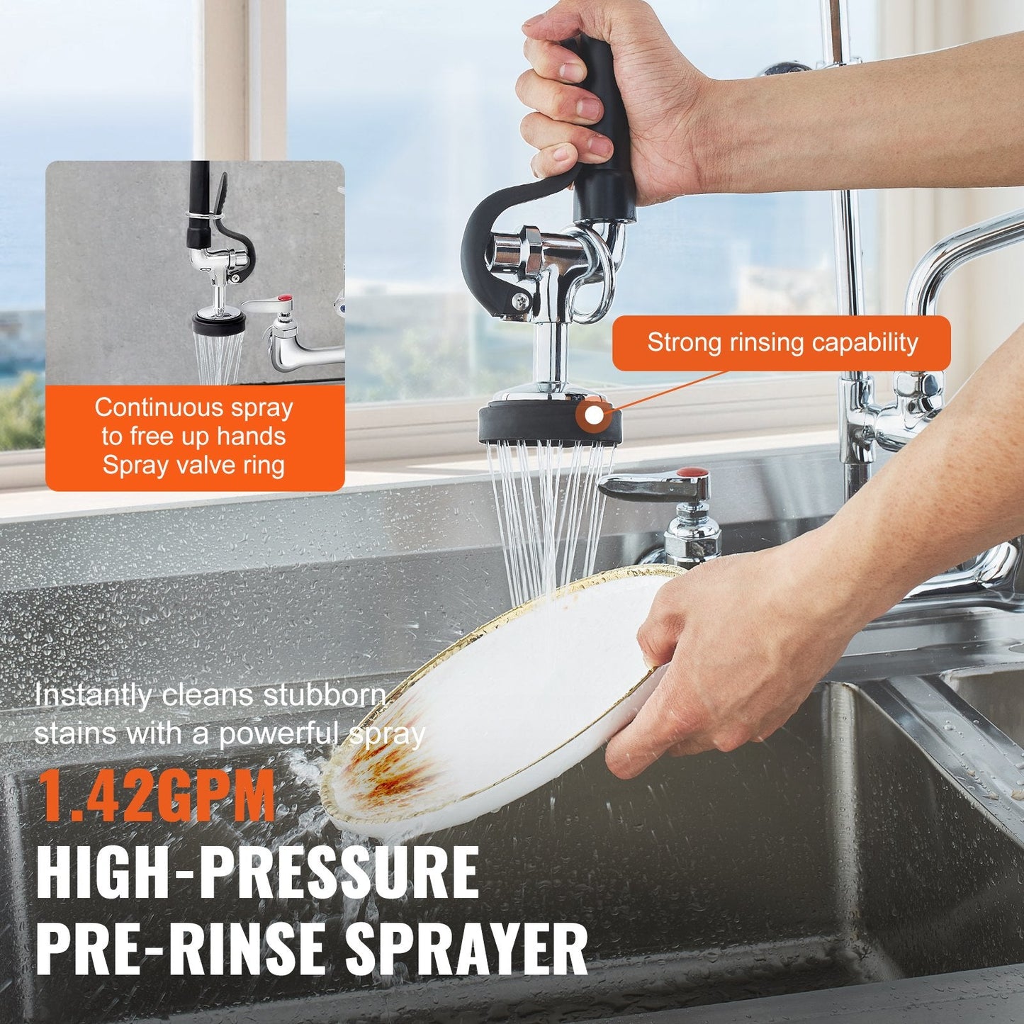 Commercial Wall-Mount Kitchen Faucet with Dual Mode Pre-Rinse Sprayer, 0.64m Height