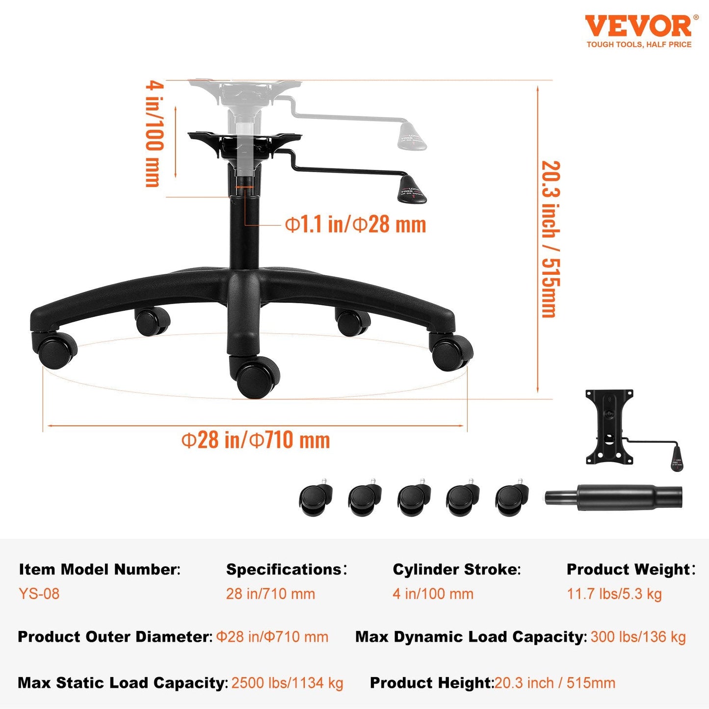 Heavy-Duty Swivel Chair Base Replacement, 0.71m, 1134kg Load Capacity