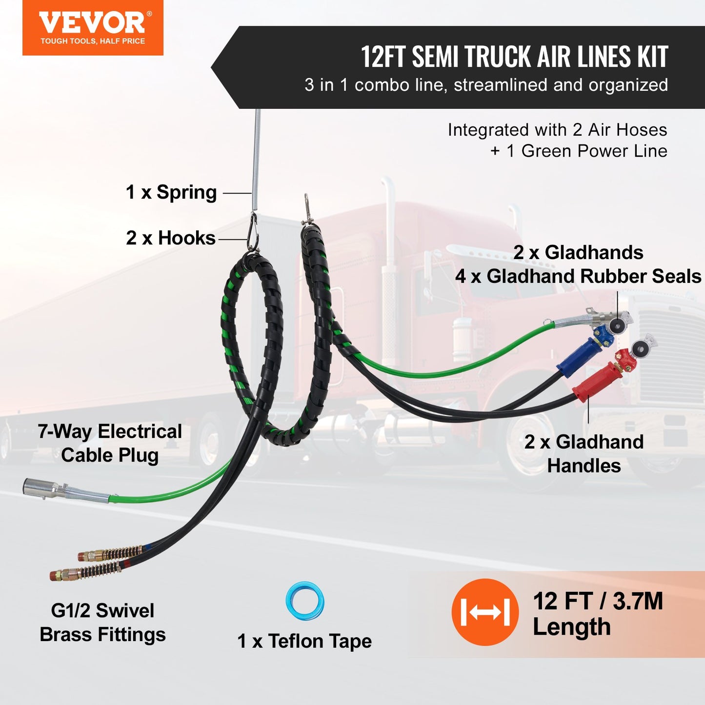 VEVOR 12FT Semi Truck Air Lines Kit with 2PCS Glad Hands, 3-in-1 Air Hoses & 7 Way