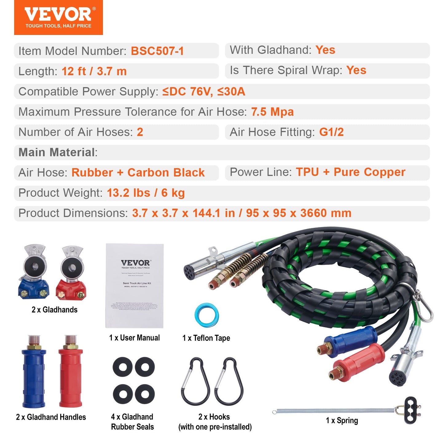 VEVOR 12FT Semi Truck Air Lines Kit with 2PCS Glad Hands, 3-in-1 Air Hoses & 7 Way