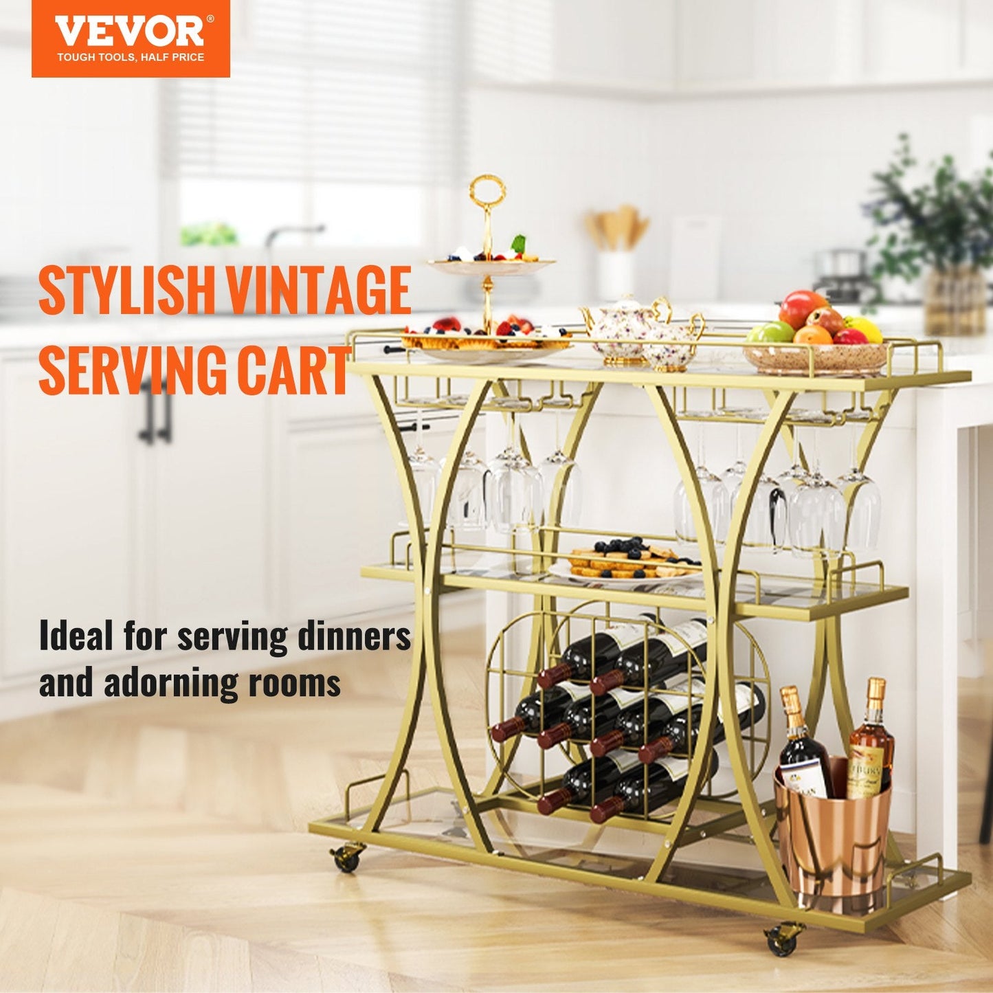 Gold 3-Tier Bar Cart with Wine Rack & Glass Holder, Holds 82 kg