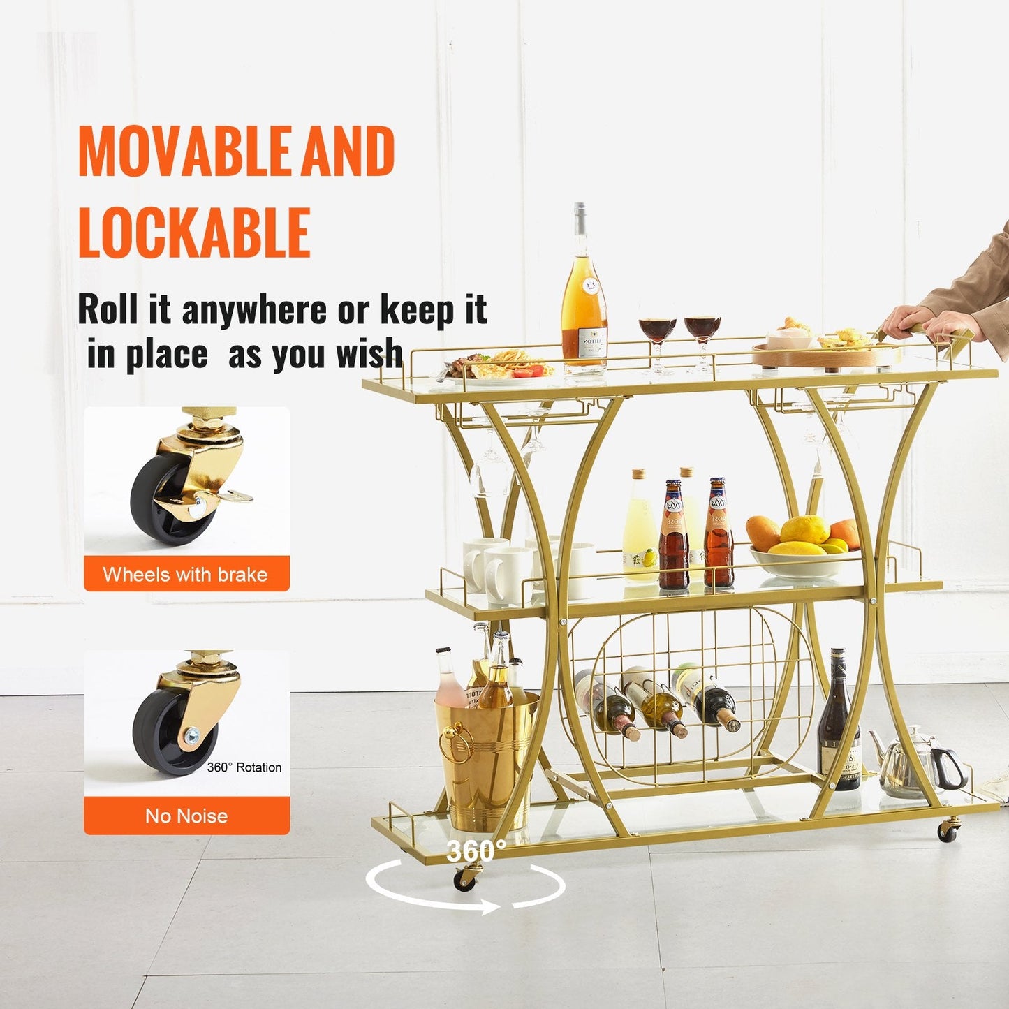 Gold 3-Tier Bar Cart with Wine Rack & Glass Holder, Holds 82 kg