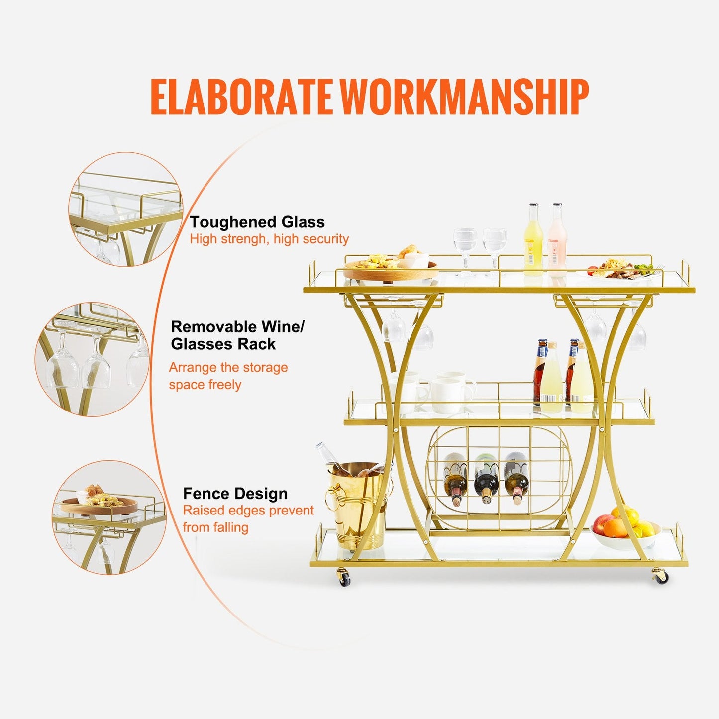 Gold 3-Tier Bar Cart with Wine Rack & Glass Holder, Holds 82 kg