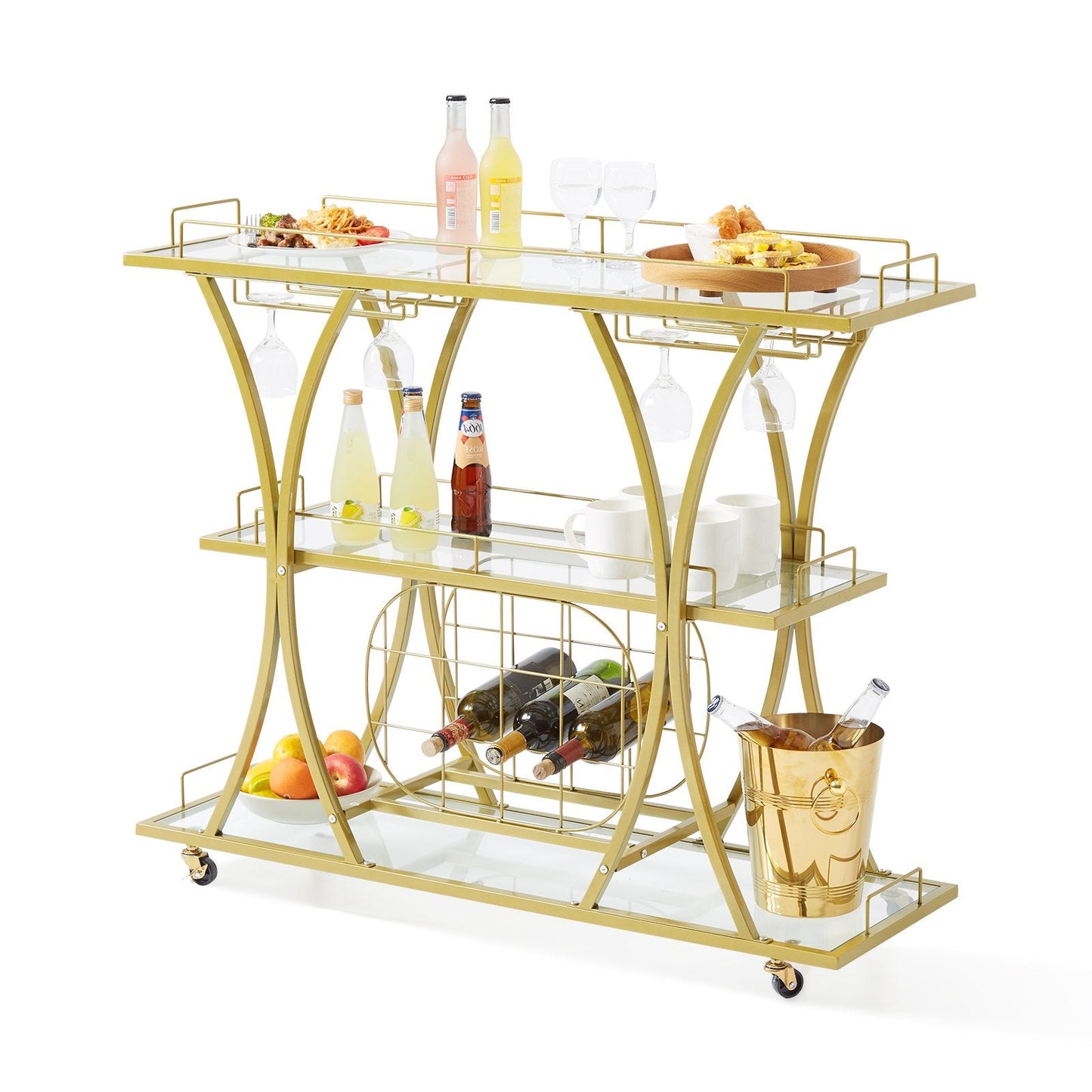 Gold 3-Tier Bar Cart with Wine Rack & Glass Holder, Holds 82 kg
