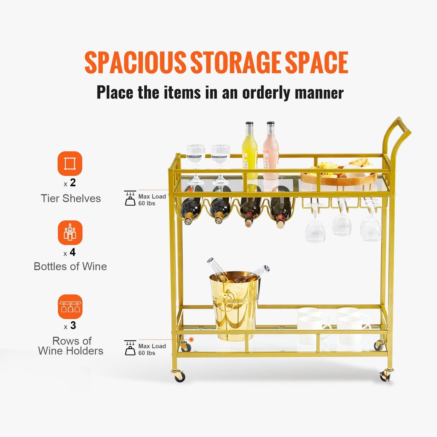 Gold Metal Bar Cart with Wine Rack & Glass Holder, 2 Tiers, 85.5x38x93 cm
