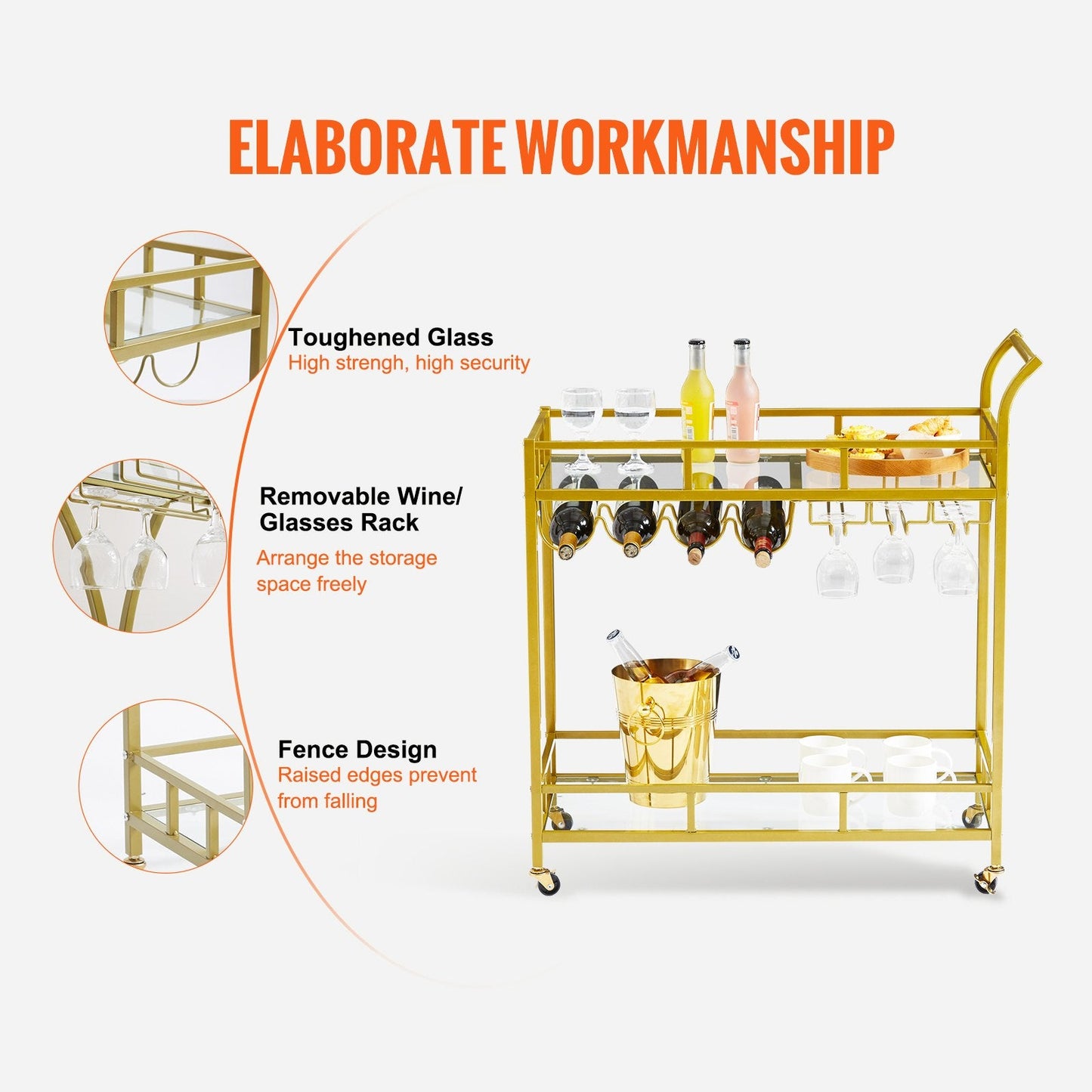 Gold Metal Bar Cart with Wine Rack & Glass Holder, 2 Tiers, 85.5x38x93 cm