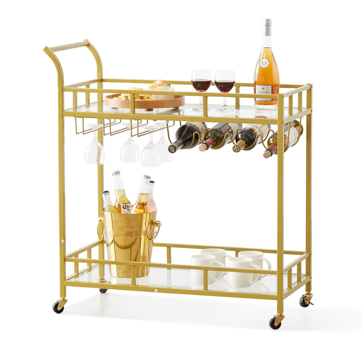 Gold Metal Bar Cart with Wine Rack & Glass Holder, 2 Tiers, 85.5x38x93 cm