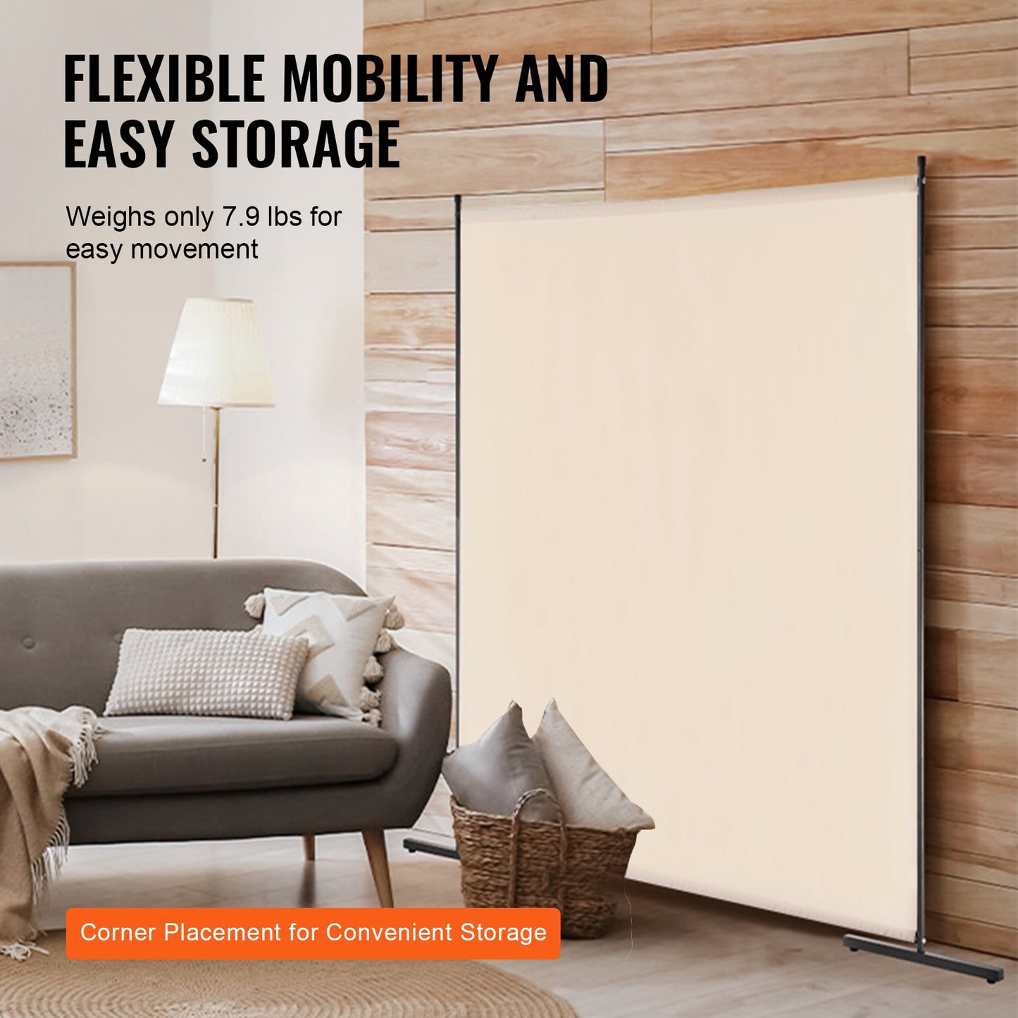 VEVOR 6FT Room Divider Single Panel Fabric Room Screen for Office Bedroom Beige
