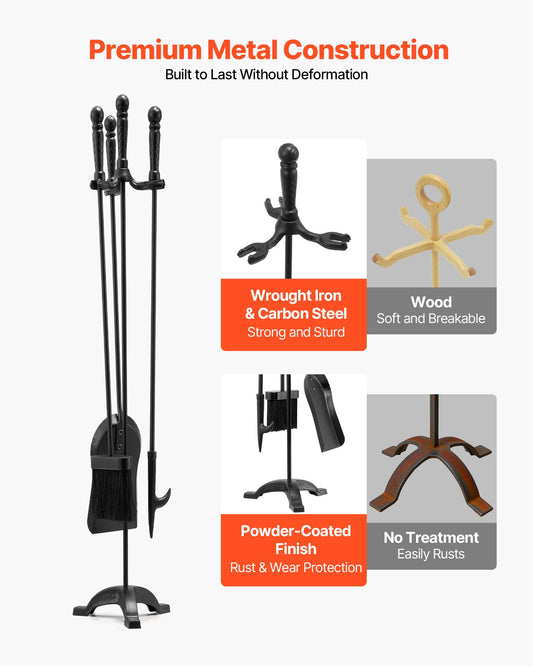 Fireplace Tool Set, 4 PCS Fire Tool Set and Holder with Three-Prong Stand, Ash Shovel, Brush, Fire Place Poker, Wrought Iron Fireplace Accessories for Campfire Indoor/Outdoor, Black