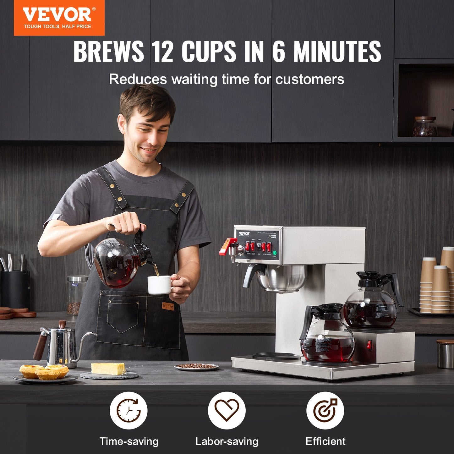 12-Cup Commercial Drip Coffee Maker with 3 Carafes and Warming Plates