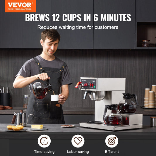 Commercial coffee machine brews a full pot of 12-13 cups in approximately six minutes
