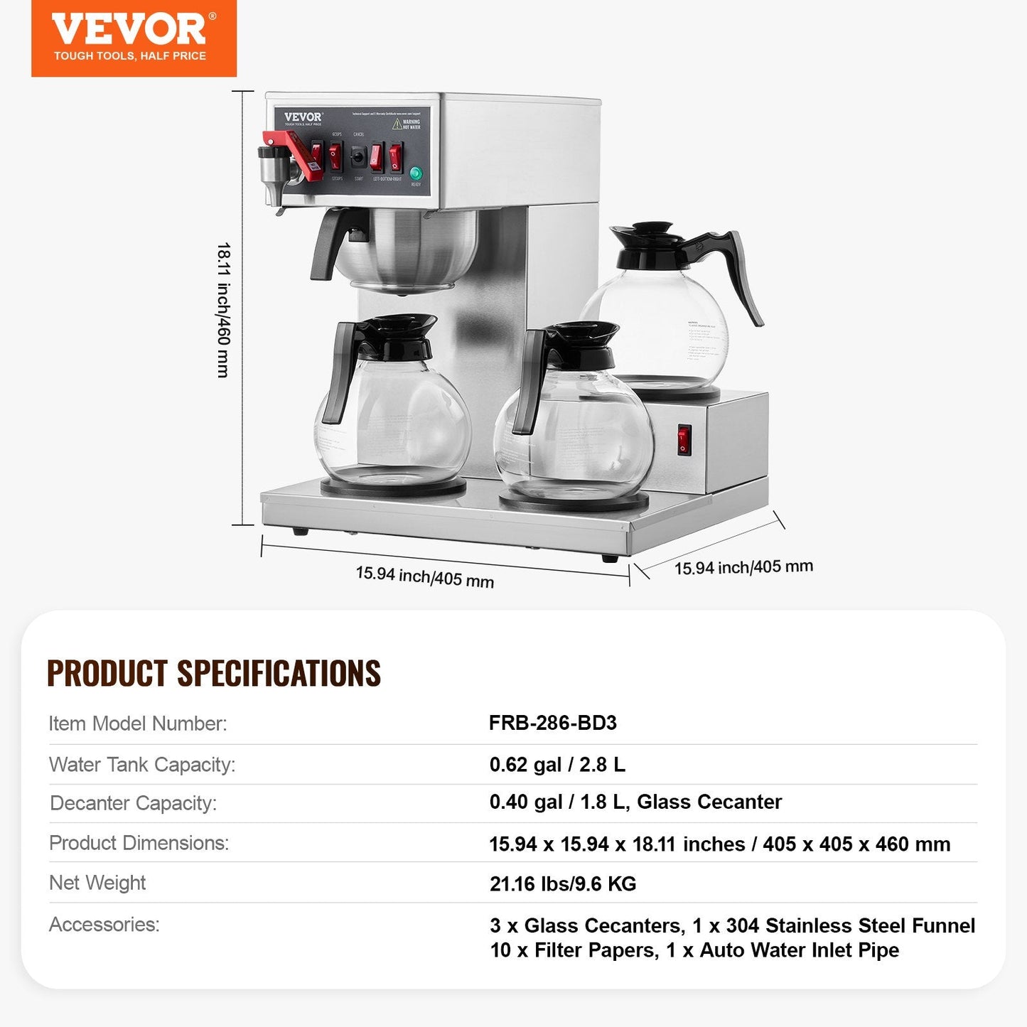 12-Cup Commercial Drip Coffee Maker with 3 Carafes and Warming Plates