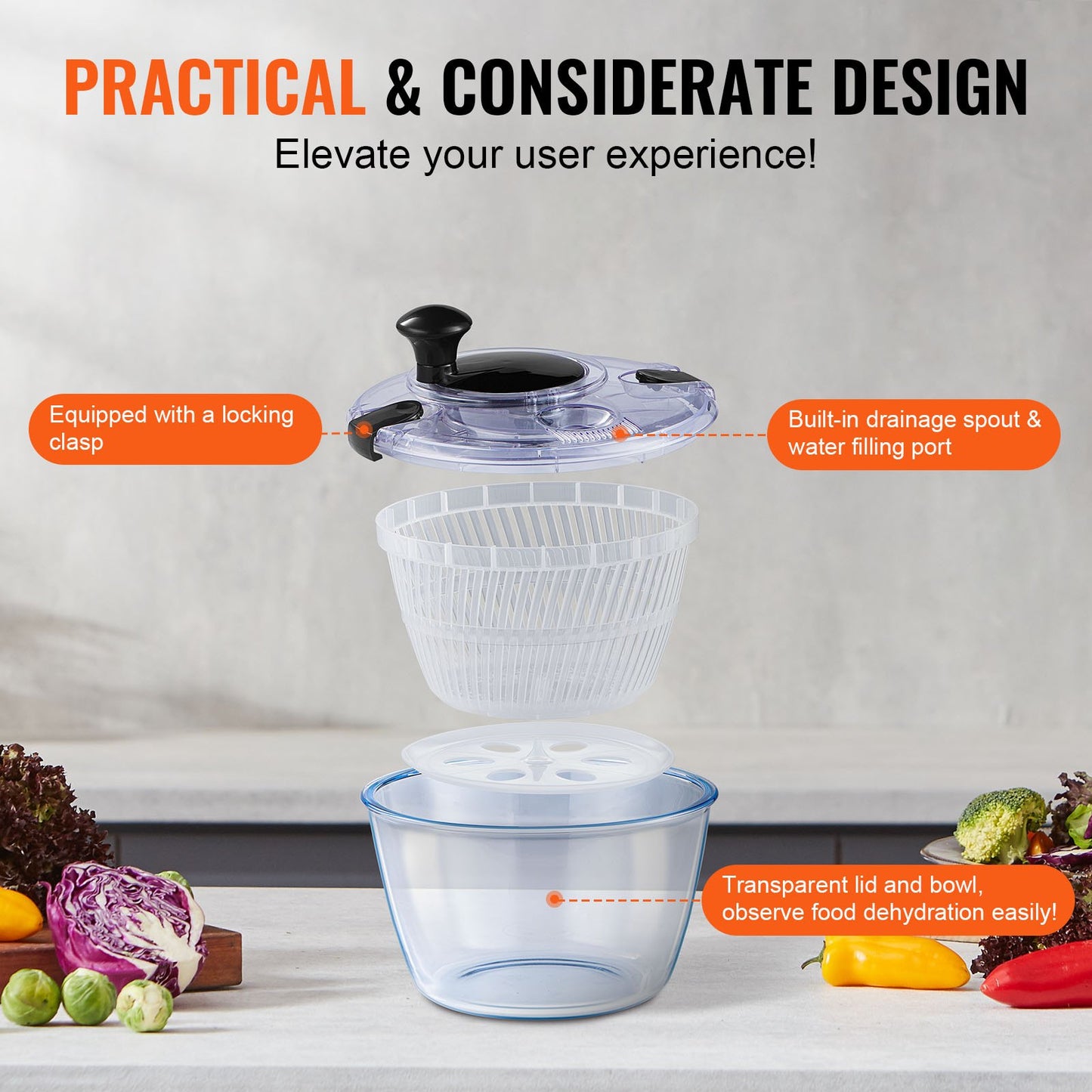 VEVOR Glass Salad Spinner, 4.5L, One-handed Easy Press Large Vegetable Dryer Washer,
