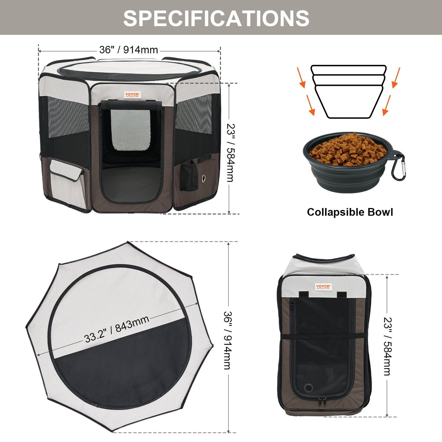 Portable Foldable Pet Playpen, 0.9m Octagonal Crate for Dogs and Cats