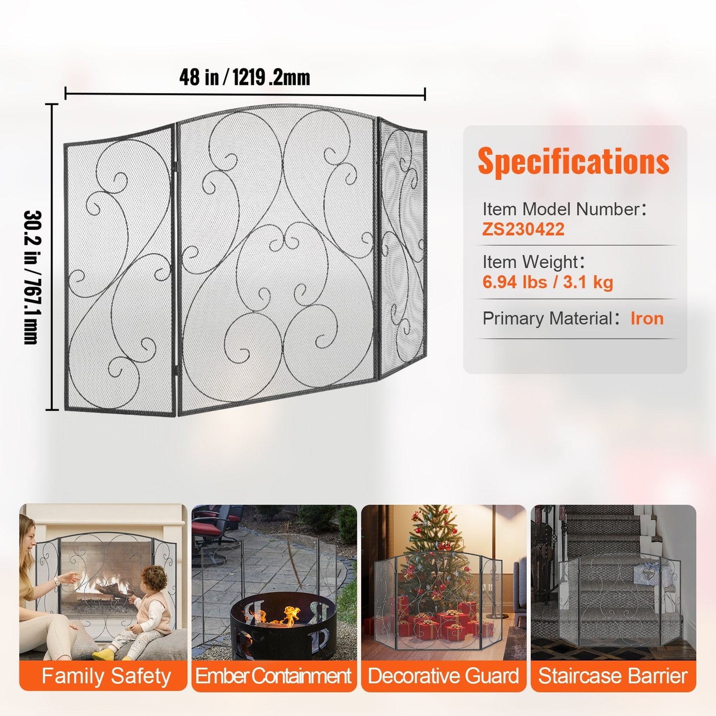 3-Panel Iron Mesh Fireplace Screen, 1.22x0.77m, Free-Standing & Foldable Design