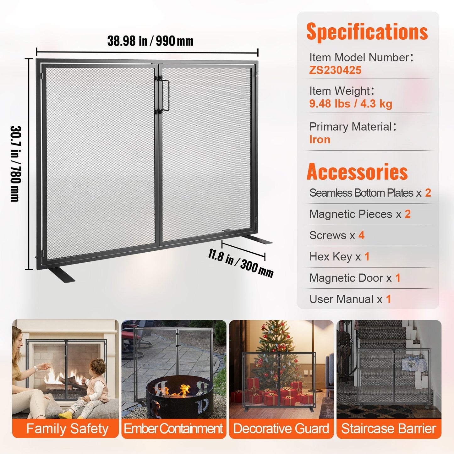 Iron Mesh Fireplace Screen with Door, 0.99m x 0.78m Spark Guard for Home Decor
