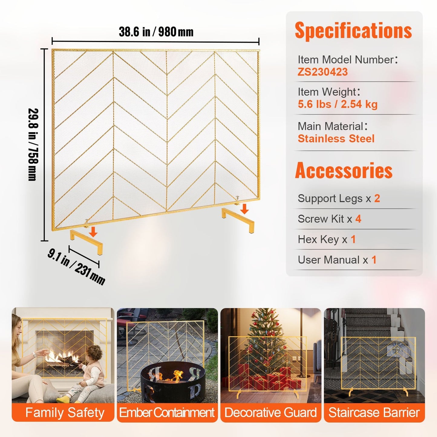 Gold Iron Mesh Fireplace Screen, 0.98x0.76m, Modern Spark Guard, 2.55 kg