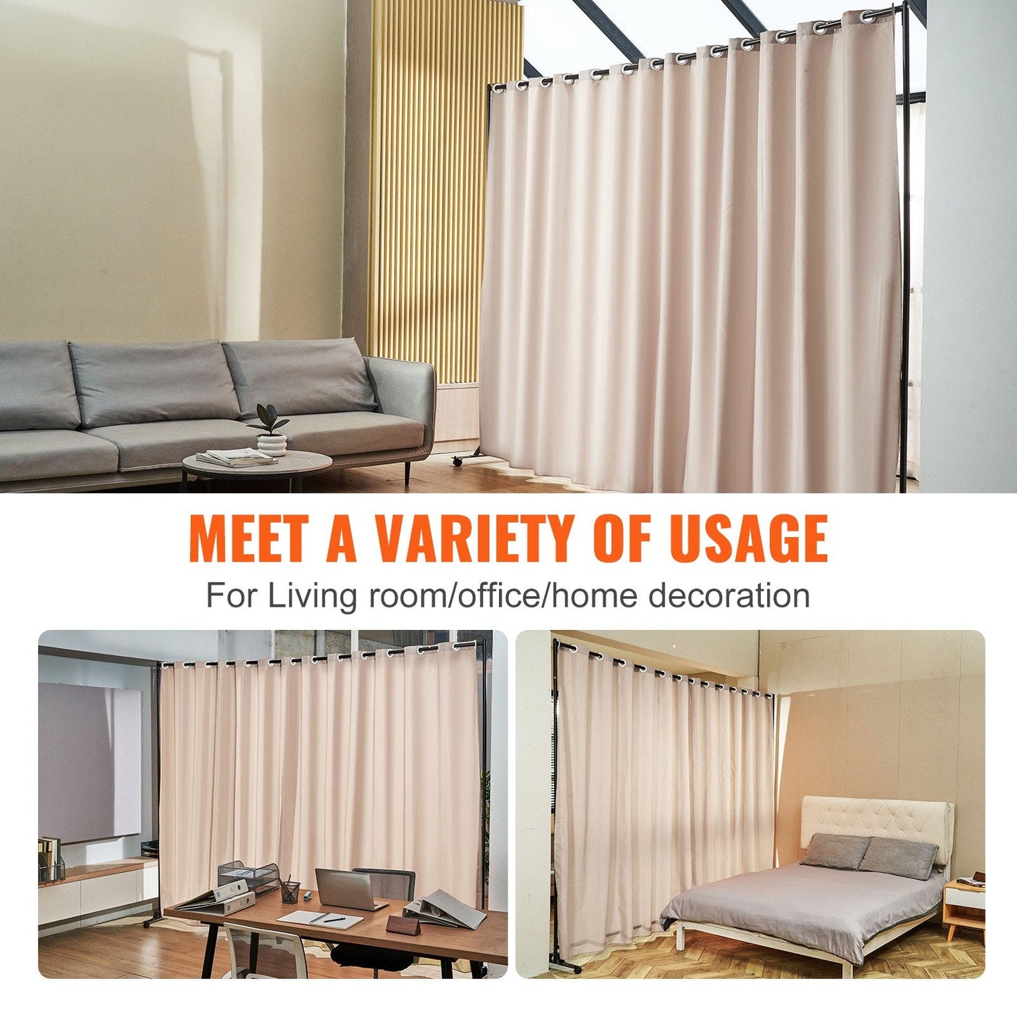 Portable Khaki Room Divider with Wheels, 3x2.5m Privacy Screen for Home & Office