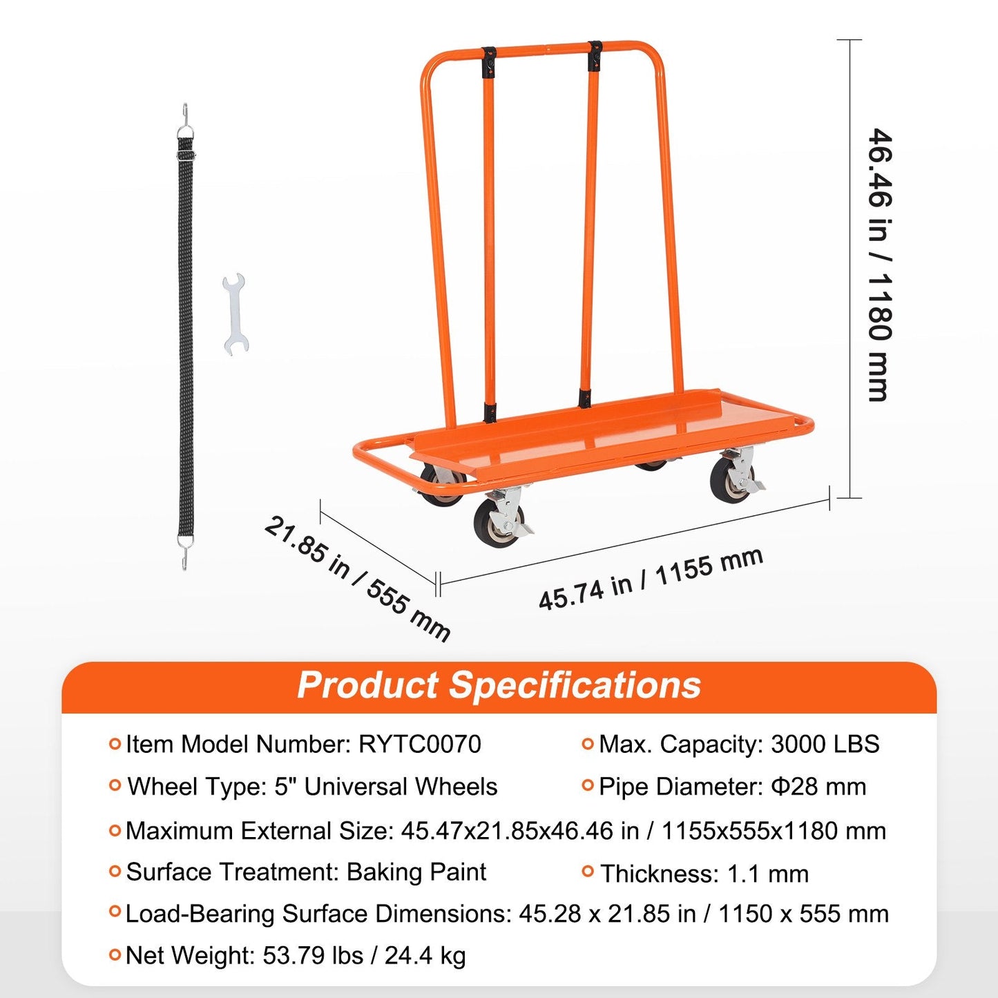 Heavy-Duty Drywall Cart with Swivel Wheels, 1360 kg Capacity, 1.15 x 0.55 m Deck