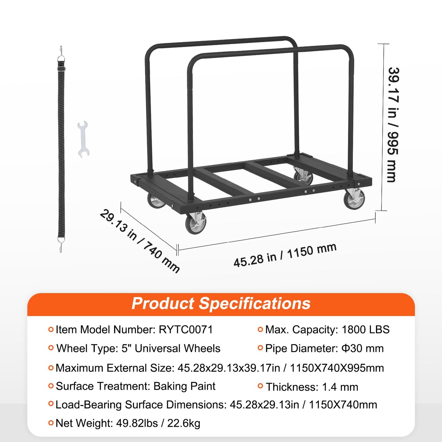 VEVOR Drywall Cart, 1800 LBS Panel Dolly Cart with 45.28" x 29.13" Deck and 5" Swivel
