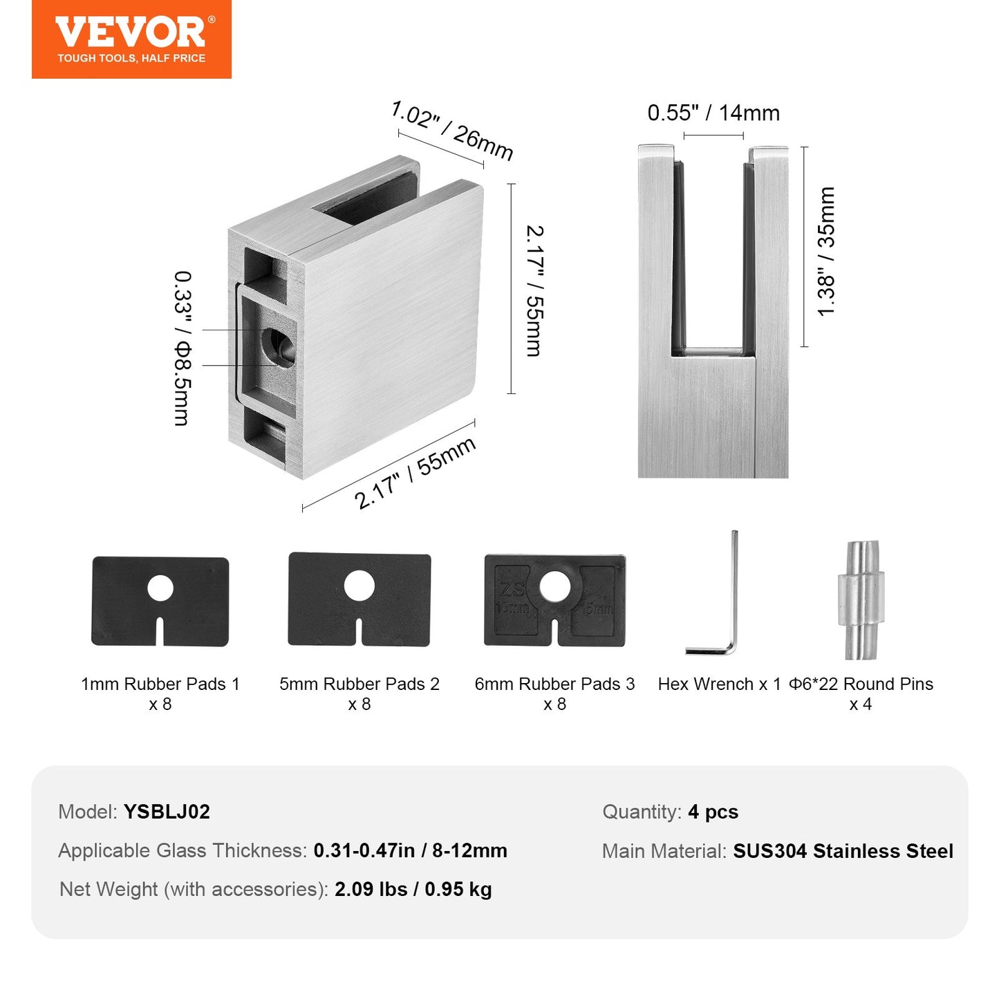 VEVOR Glass Clamp, 4 PCS Square Glass Railing Bracket for 0.31 "-0.47 " Tempered