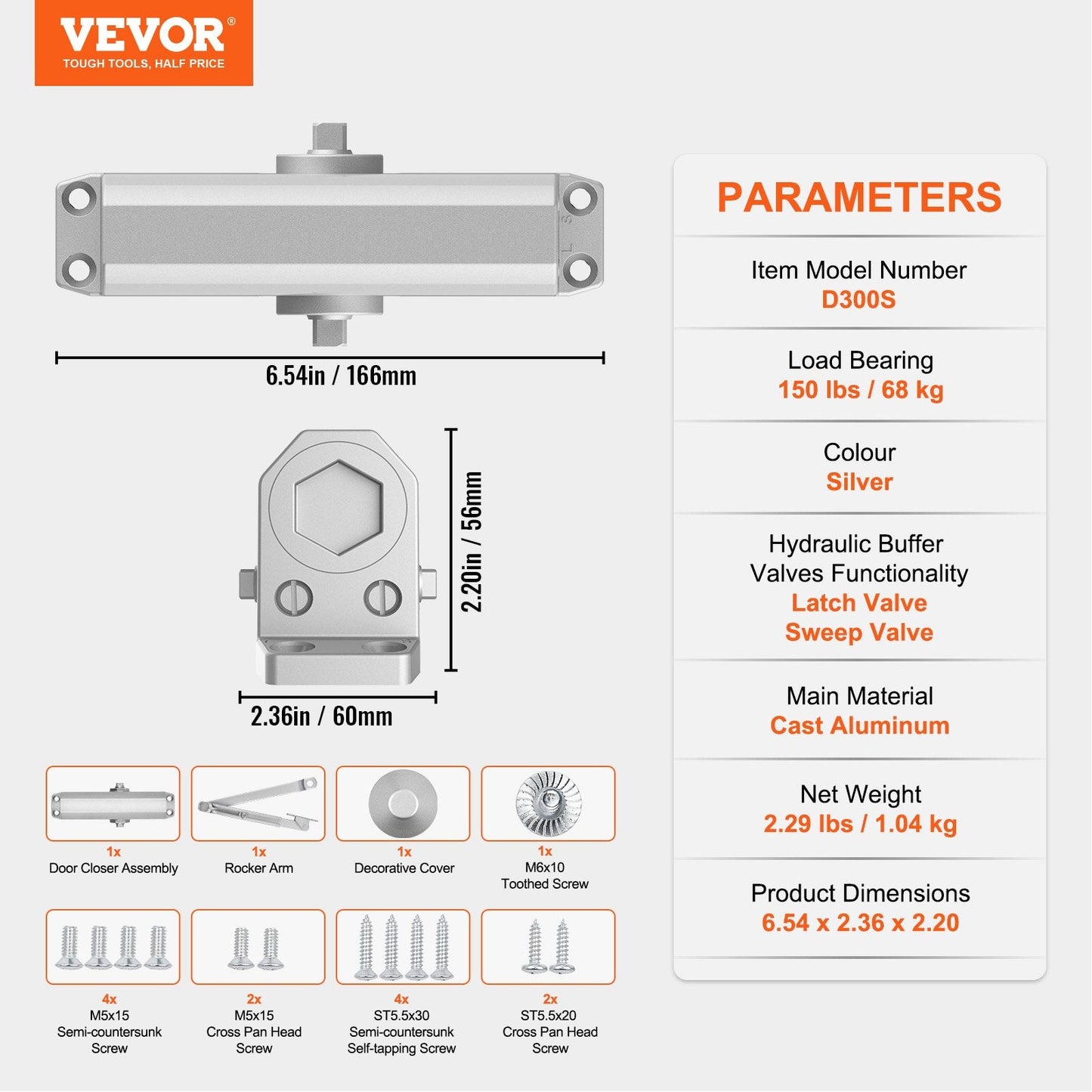 Heavy Duty Hydraulic Door Closer, 68 kg Load, Silver, for Commercial & Residential Use