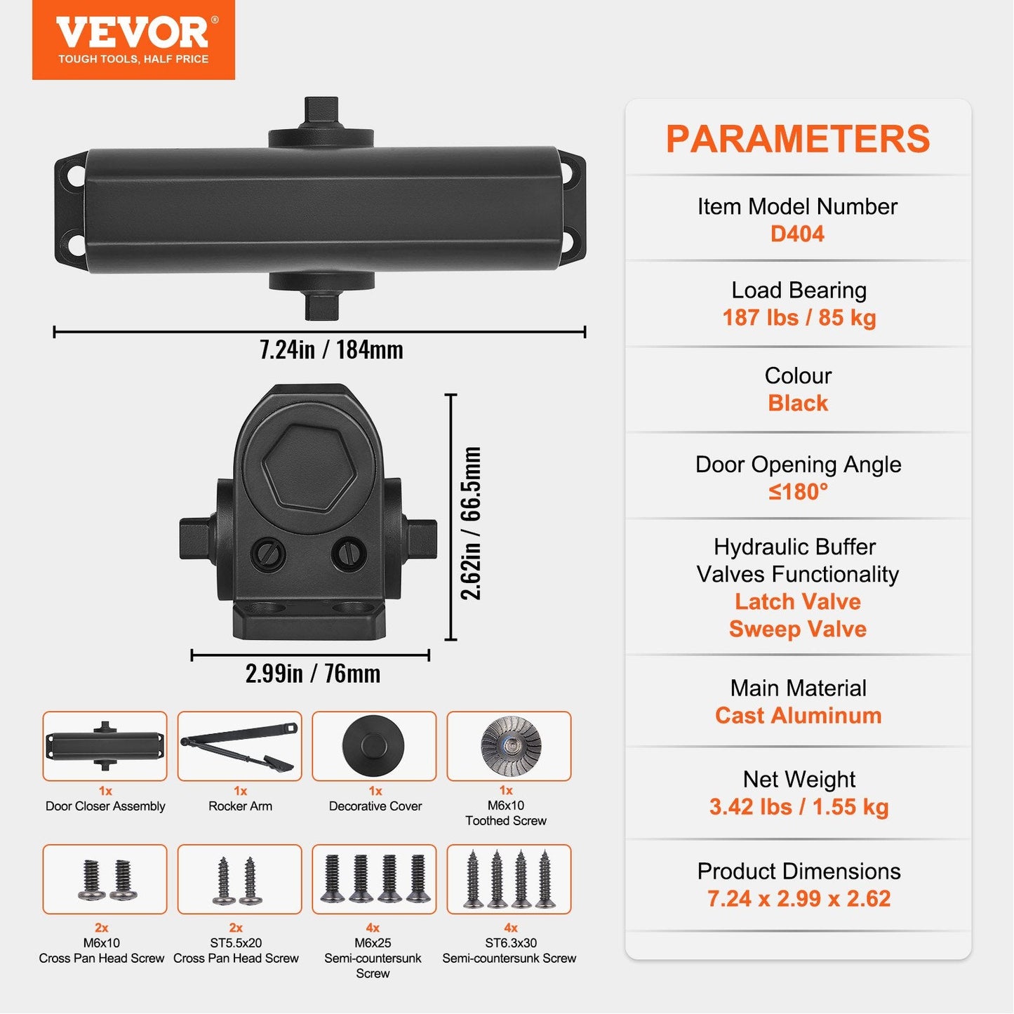 Automatic Hydraulic Door Closer, Heavy Duty, Adjustable, Black, 85 kg Capacity
