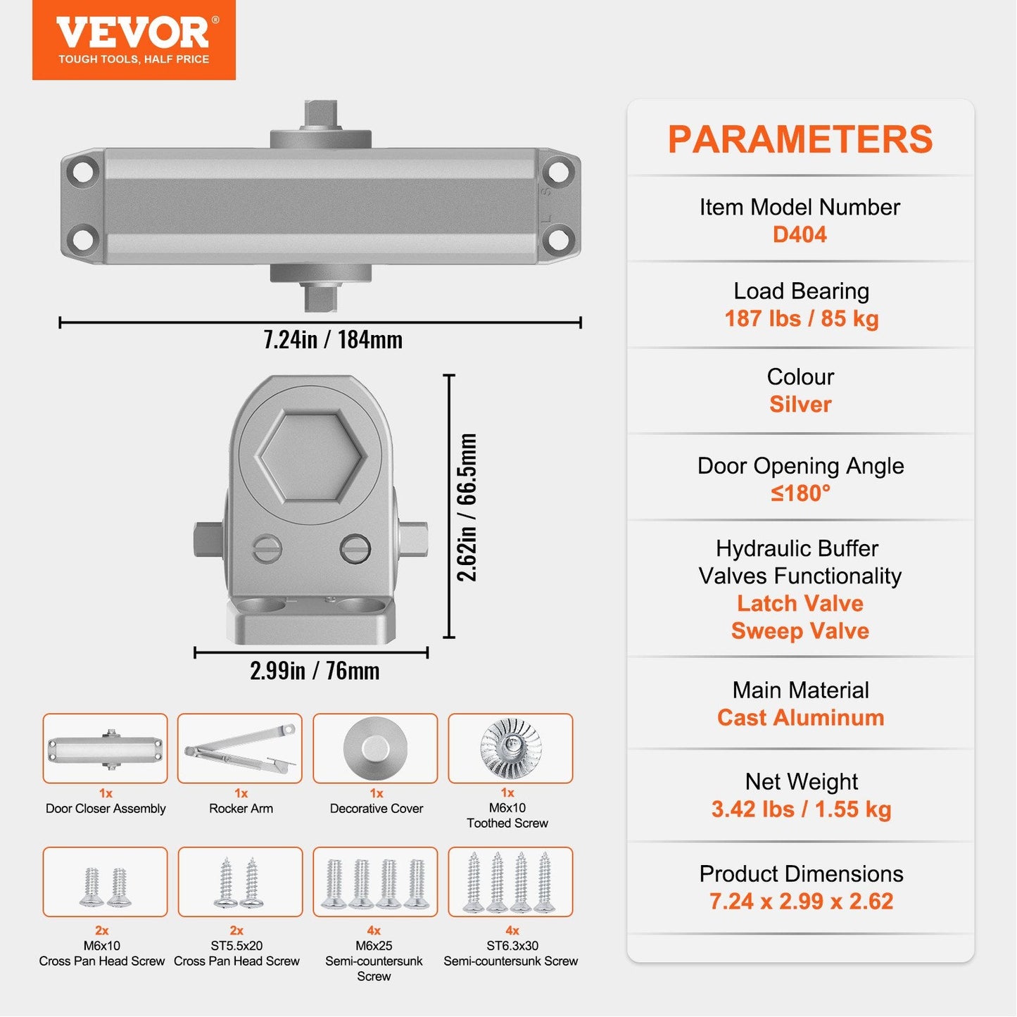 Automatic Hydraulic Door Closer, Heavy Duty Cast Aluminum, 85 kg Capacity