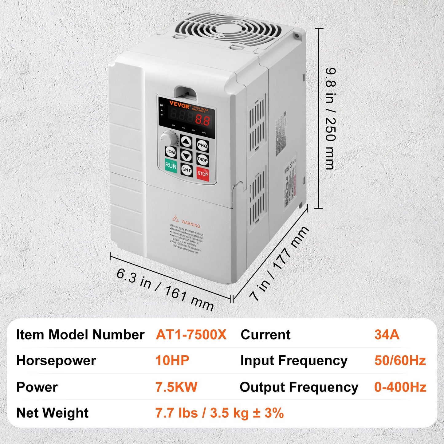 10HP 7.5KW VFD, 220V Single to 3-Phase, Variable Frequency Drive 0-400Hz