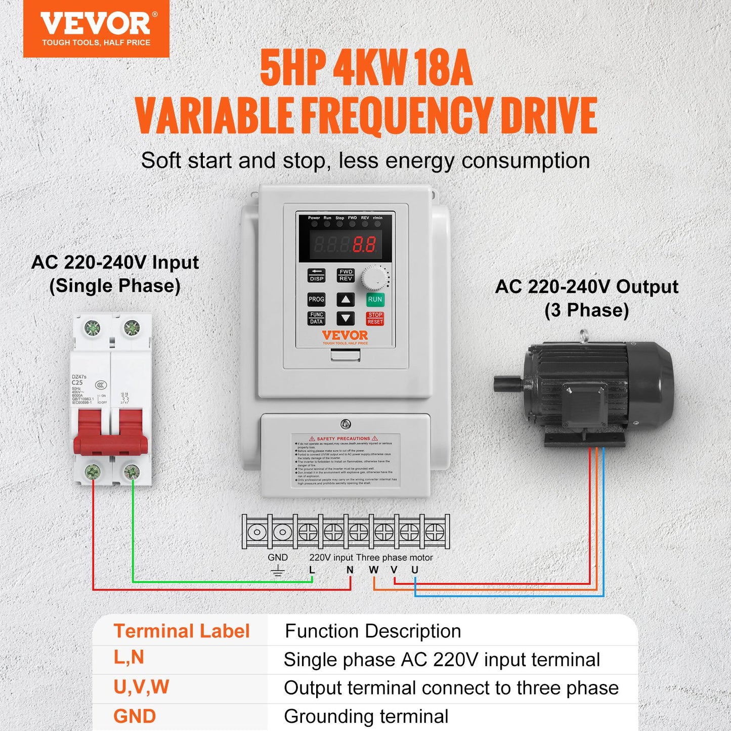 VEVOR VFD 5HP, 4KW, 18A, 1 Phase 220V-240V Input to 3 Phase 220V-240V Output Variable