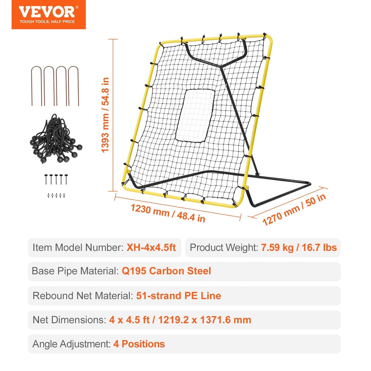 Adjustable Baseball & Softball Rebounder Net, 1.2x1.4m, Steel Frame, Portable