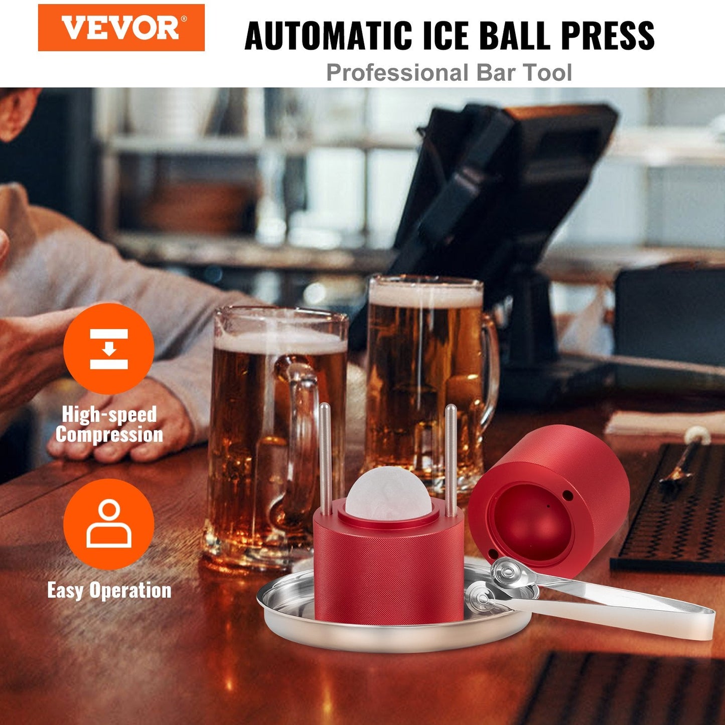 6cm Aluminum Ice Ball Press Kit with Tongs & Drip Tray for Cocktails, Red