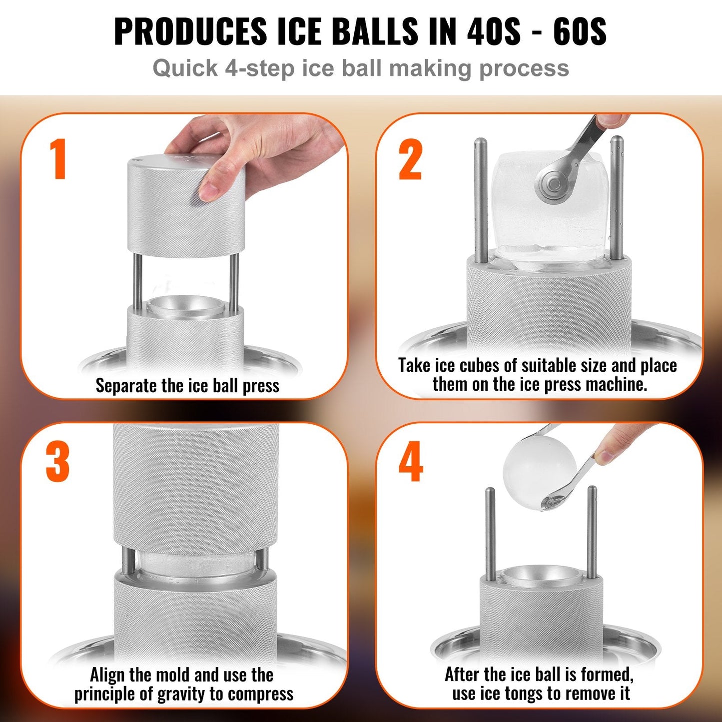 Aircraft Aluminum Ice Ball Press Kit with Mold, Mat, Tong, Tray, & Glass, 60mm Sphere
