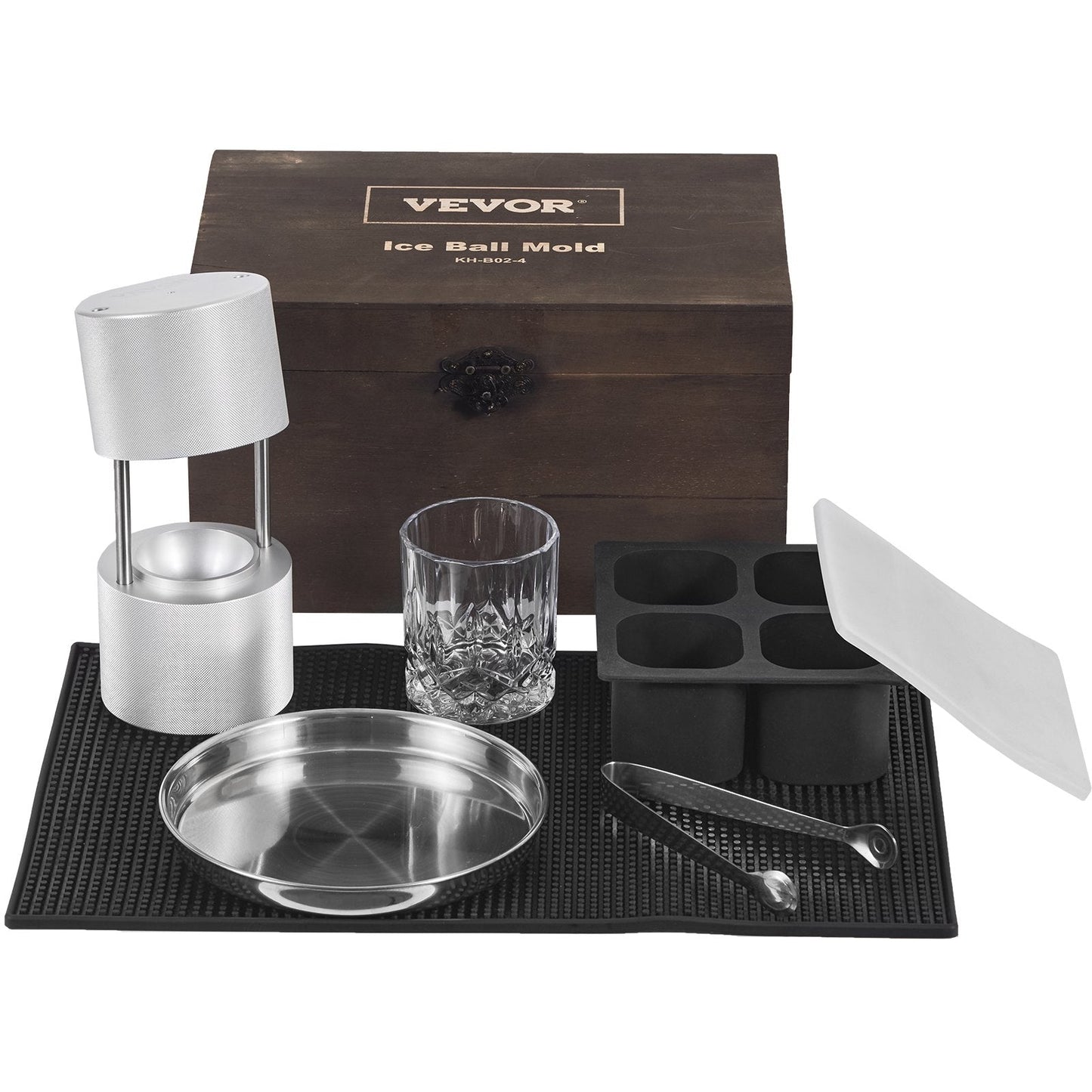 Aircraft Aluminum Ice Ball Press Kit with Mold, Mat, Tong, Tray, & Glass, 60mm Sphere