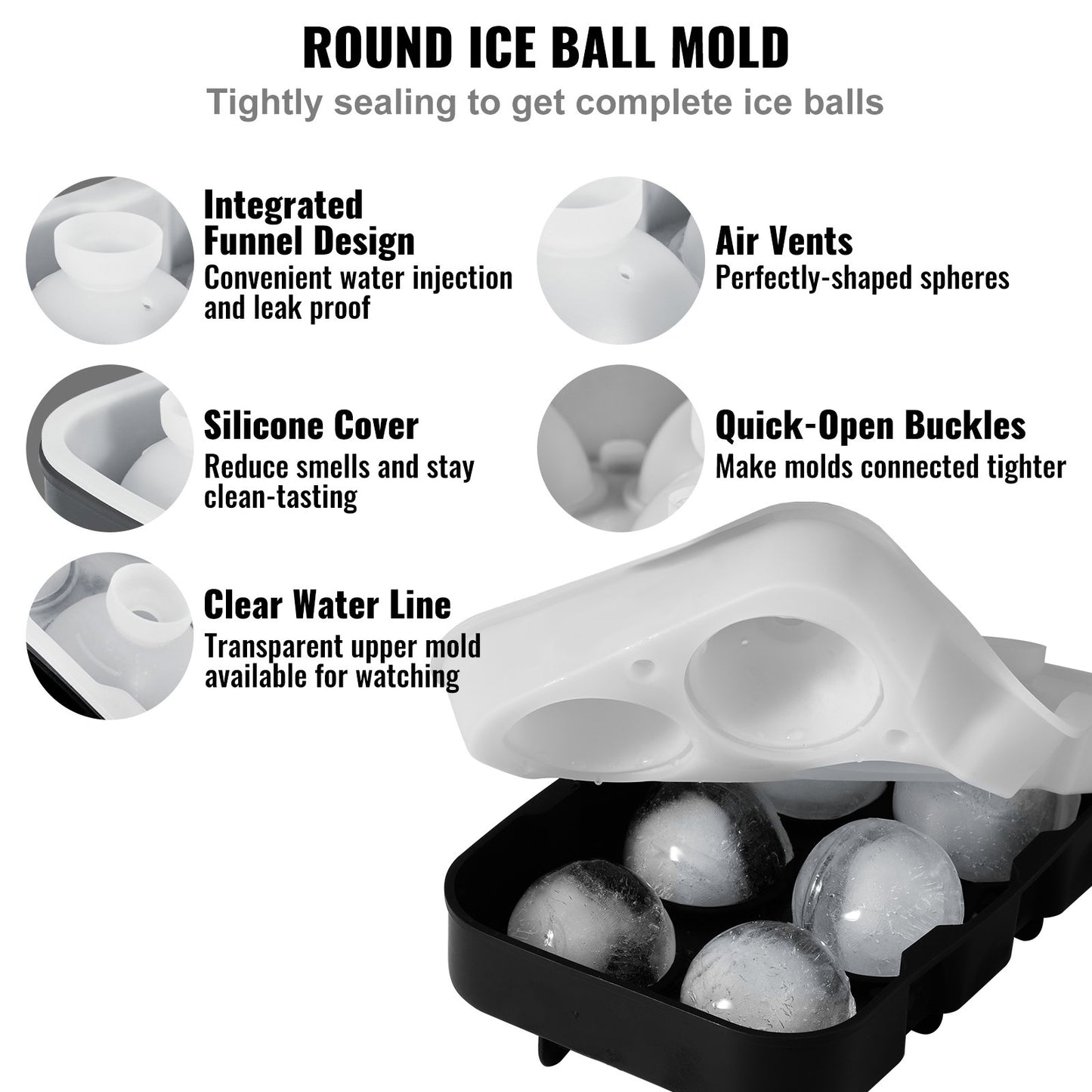 VEVOR Ice Cube Trays (Set of 2), 2-in-1 Combo with Silicone Sphere Ice Ball Maker