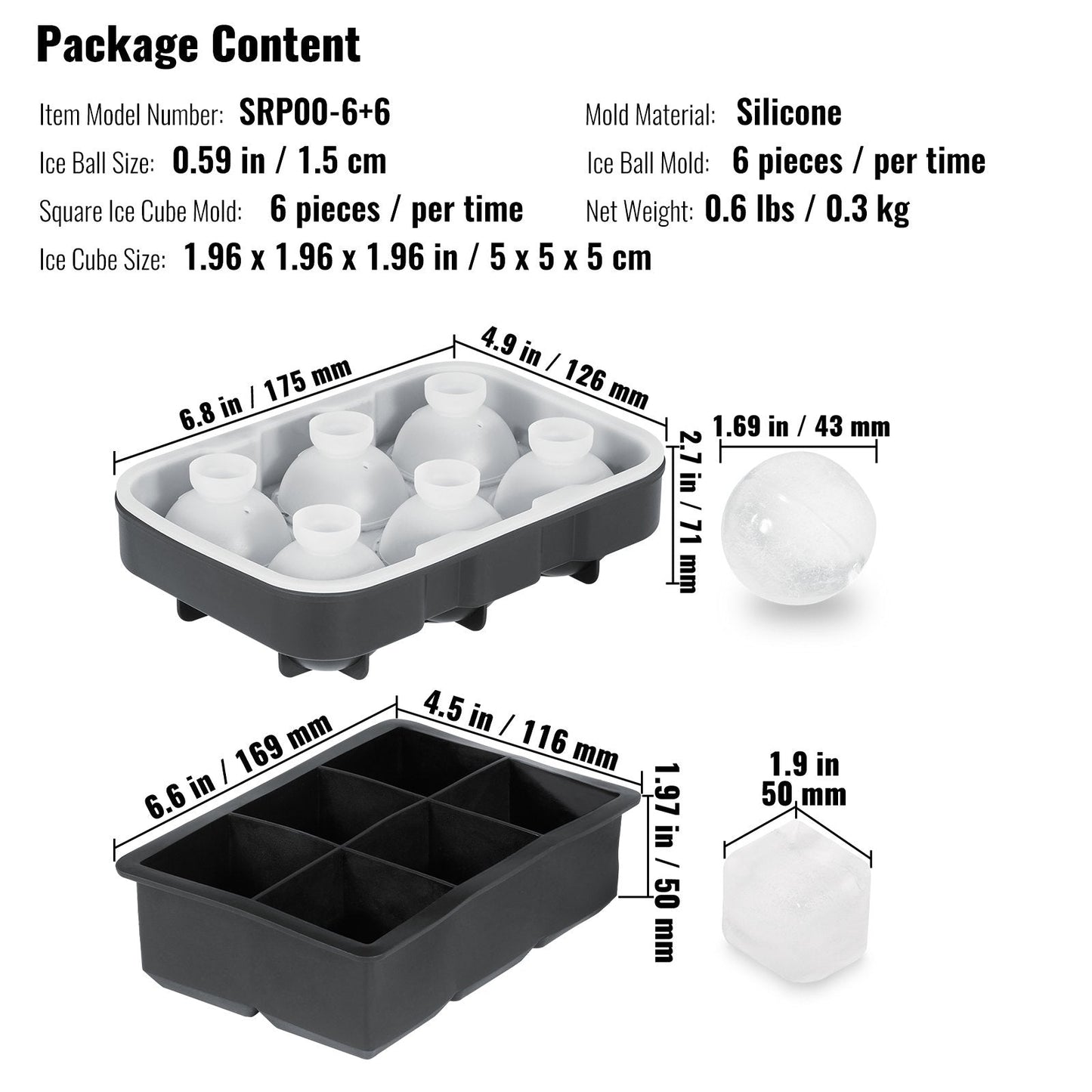 Silicone Ice Trays Set: Sphere & Large Square Molds for Whiskey and Cocktails