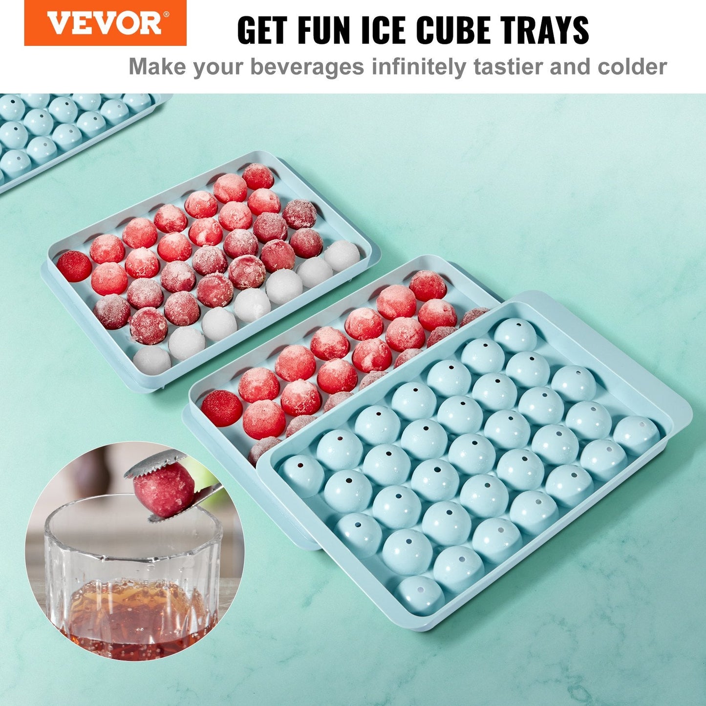 Round Ice Ball Maker Set for Freezer - 170 Sphere Ice Cubes, 3-Pack with Bin & Scoop